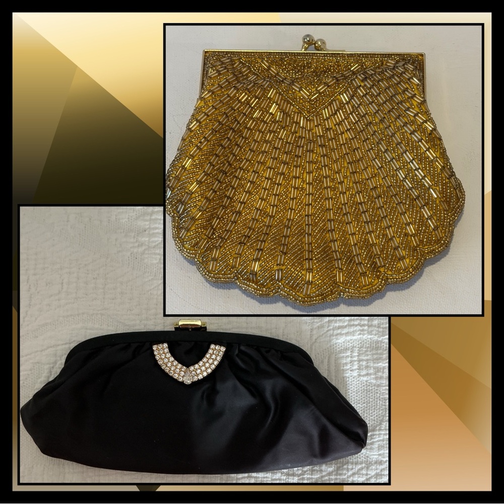 Gold Beaded Clutch + Satin Clutch w Rhinestone Accent/w Interior Accessory
